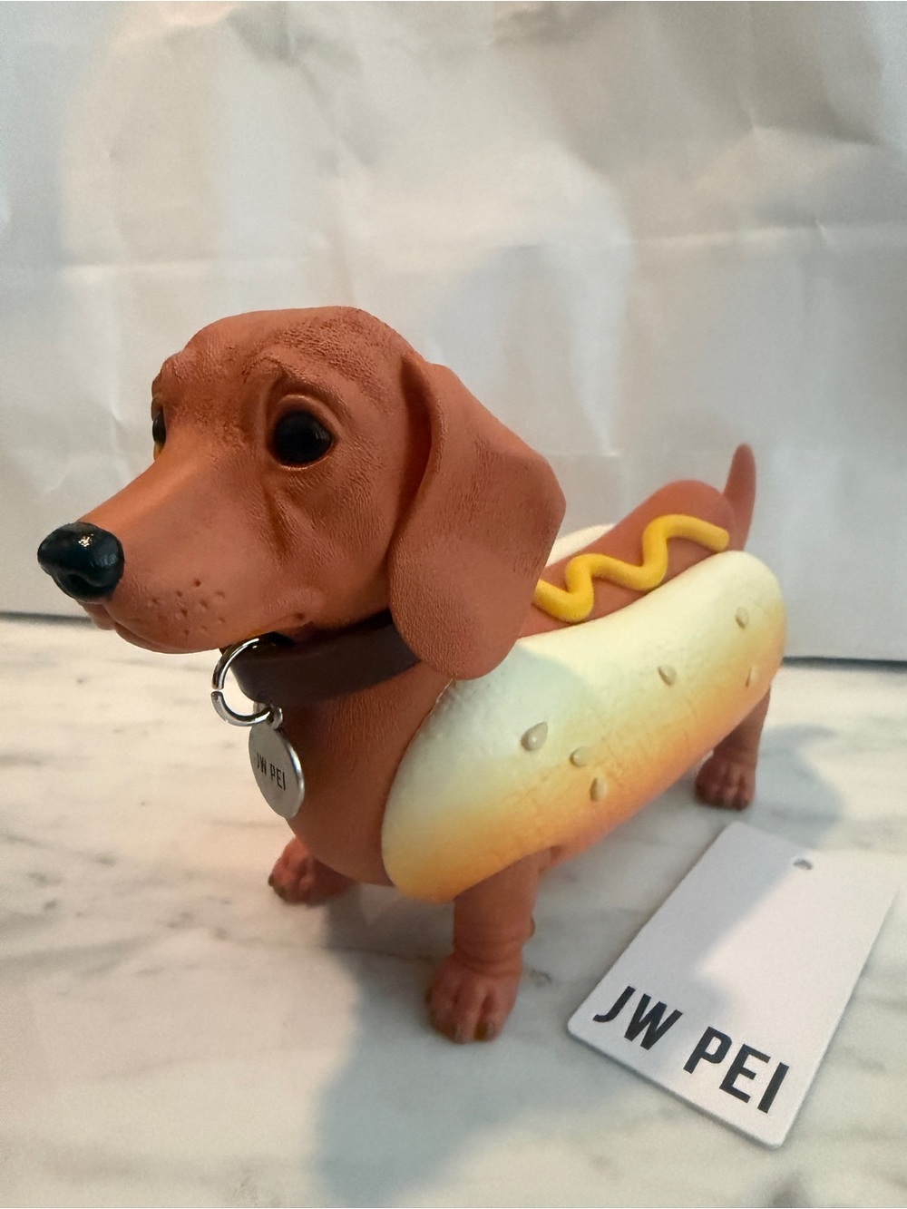 JW PEI Brown Dachshund Hot Dog Figurine with Yellow Mustard Accent